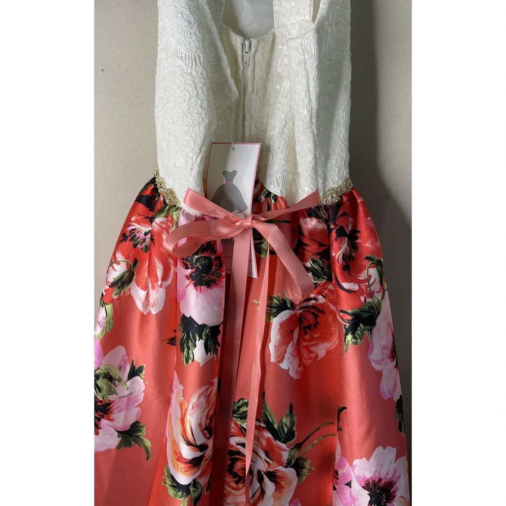 Rare Editions Girls Size 16 High Low Dress Coral Pink Floral Lace Sequin Bow NEW